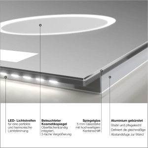 Detailaufnahme: DSK Design LED-Lichtspiegel Silver Conde, 120x60 cm, mit LED-Streifen und Kosmetikspiegel.