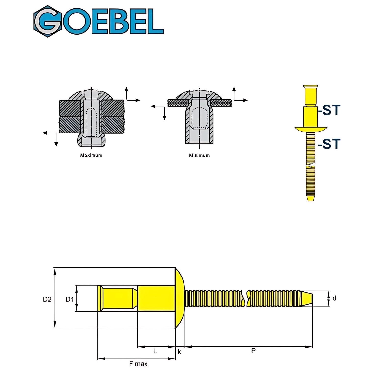 Technische Zeichnung: GOEBEL hochfeste Blindniete Stahl, 4,8x10,5mm, Flachkopf M-Lock. Details zu Abmessungen und Anwendung.