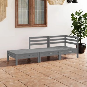 Graues 3-tlg. Garten-Lounge-Set aus Kiefernholz mit Ecksofa, Mittelteil und Hocker.