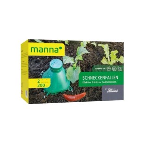 Manna Schneckenfalle 2er-Set auf Verpackung, grüne Falle im Beet mit Nacktschnecke. Effektiver Schutz für den Garten.