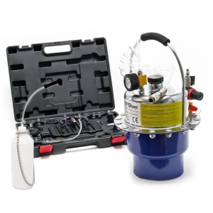 Blau-silbernes Xpotool Druckluft Bremsenentlüfter Set mit 5L Behälter, Manometer und Adapterkoffer für Bremsflüssigkeitswechsel.