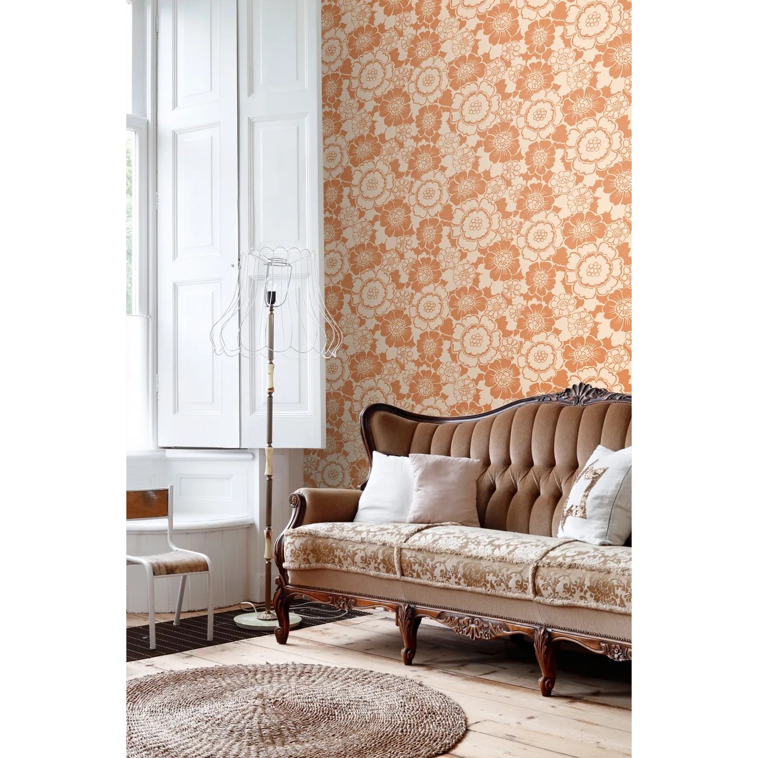 ESTAhome Vliestapete Retro Blumen Orange. Florales Muster an Wohnzimmerwand, schafft stilvollen Retro-Look. Dekorative Tapete.