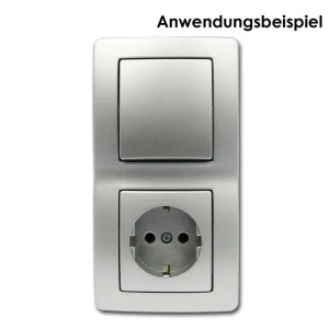 TEM EKONOMIK 2-fach Rahmen, silber, vertikale Montage mit Schalter und Steckdose als Anwendungsbeispiel.
