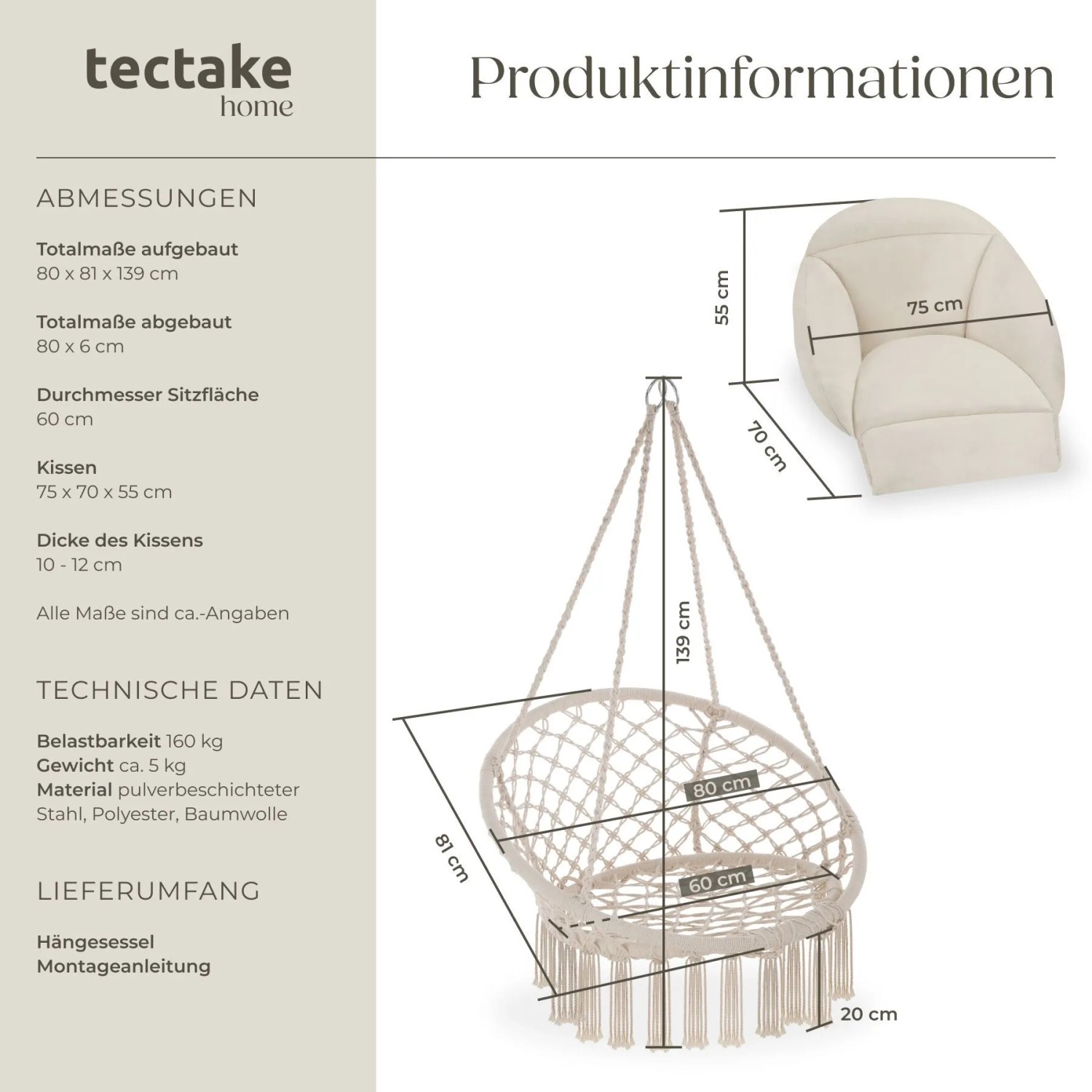 Tectake Hängesessel Samira Mit Dickem Sitzkissen Stabile Halteseile 81 x 80 x 139 cm Beige_6