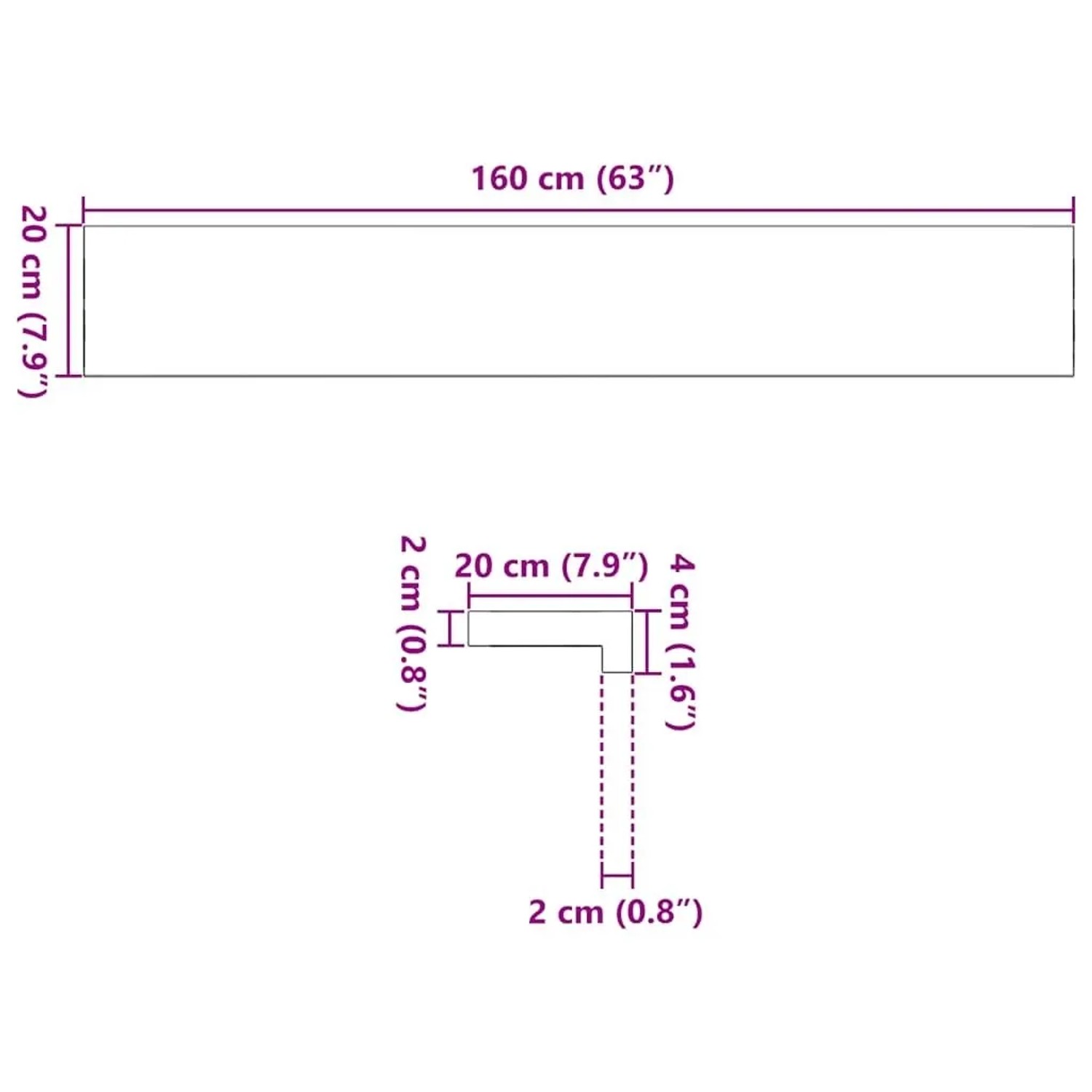 Maßzeichnung der Fensterbank: 160 cm Länge, 20 cm Breite, 2 cm Dicke. Detailansicht des Profils.