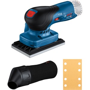 Bosch Professional Akku Schwingschleifer GSS 12V-123 mit Zubehör: Schleifgerät, Staubbeutel, Schleifpapier.