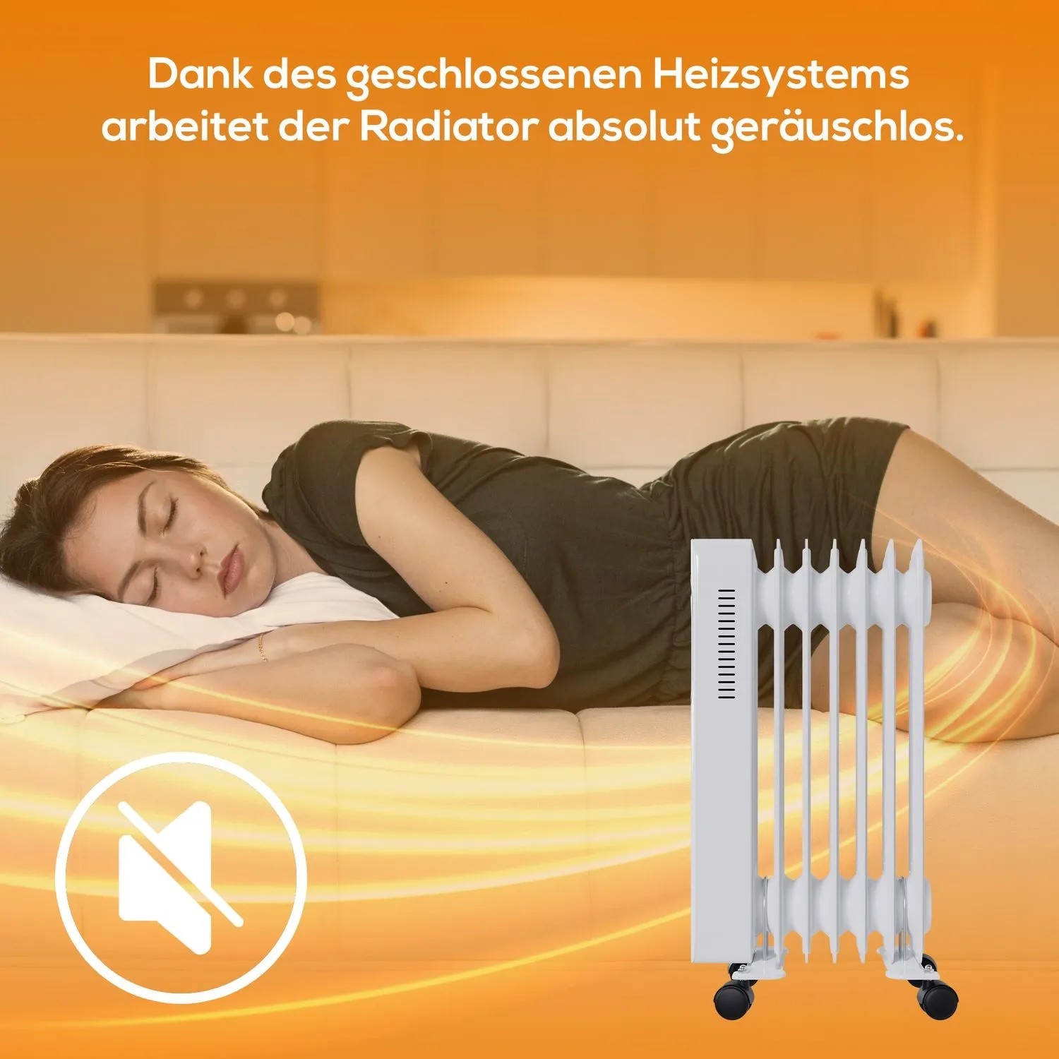 Weißer TroniTechnik Ölradiator TT OR 307 mit 7 Rippen neben schlafender Person. Leiser Betrieb.
