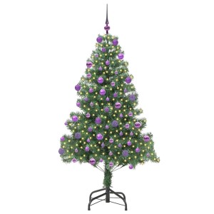 Grüner vidaXL Weihnachtsbaum, 180 cm, mit 300 warmweißen LEDs, lila Kugeln und Ständer.