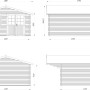 Technische Zeichnung Palmako Gartenhaus Britta 426x426 cm, lackiert in Hellgrau und Anthrazit, Ansichten von allen vier Seiten.