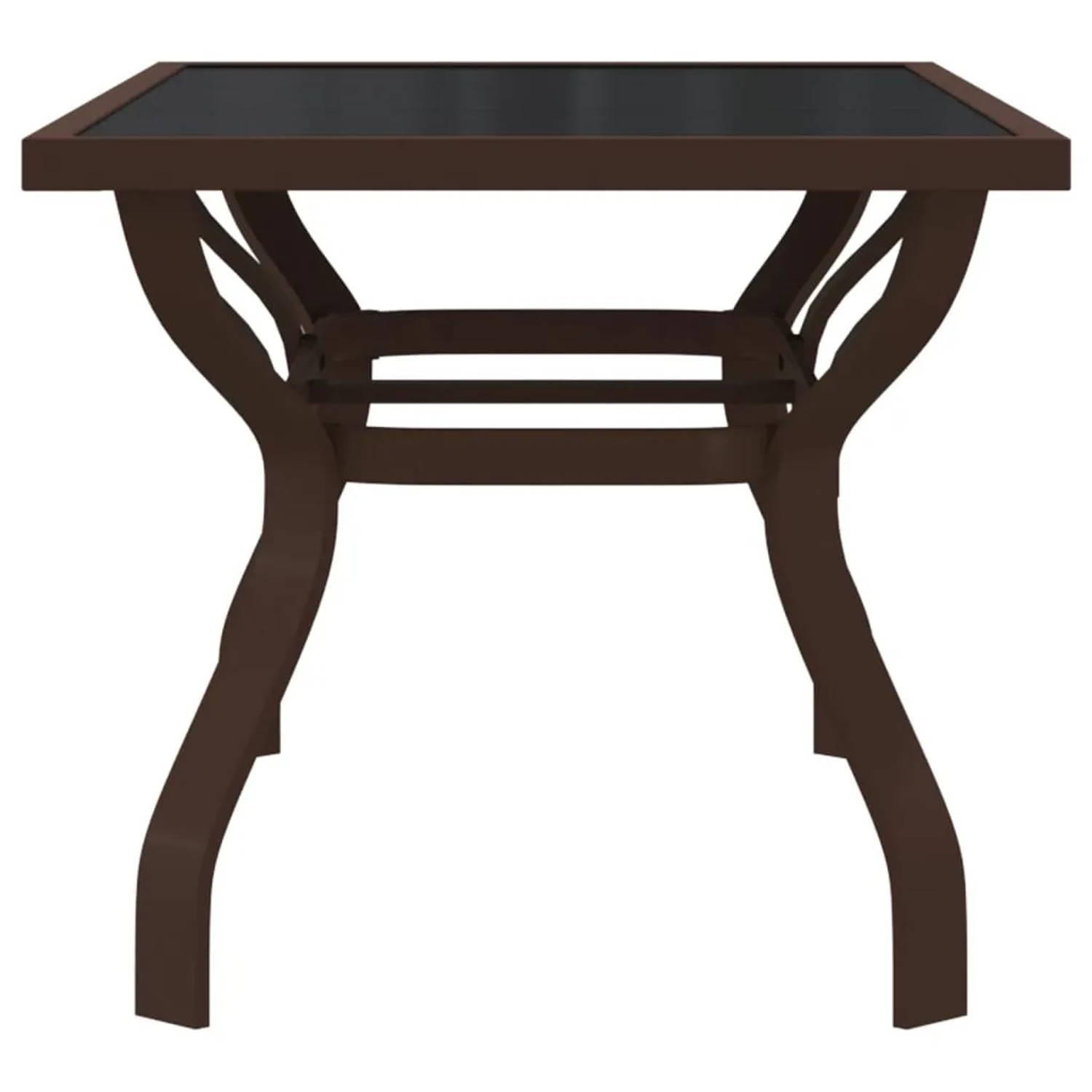 Brauner vidaXL Gartentisch mit schwarzer Glasplatte, Stahlgestell, 140x70x70 cm.
