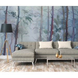 Fototapete Wald Aquarell in Blau und Grün (3,50 m x 2,55 m) an Wohnzimmerwand.