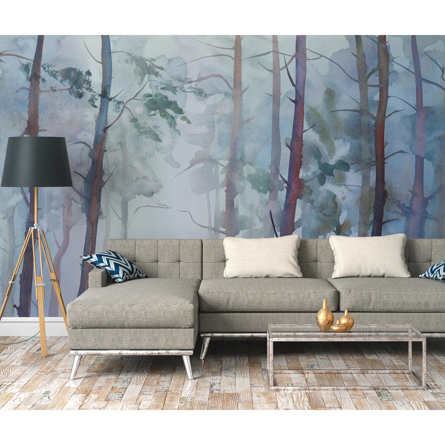 Fototapete Wald Aquarell in Blau und Grün (3,50 m x 2,55 m) an Wohnzimmerwand.