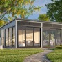 Hellgraues Palmako Holz-Gartenhaus mit Pultdach, 582x420 cm. Modernes Design mit großen Fensterflächen.