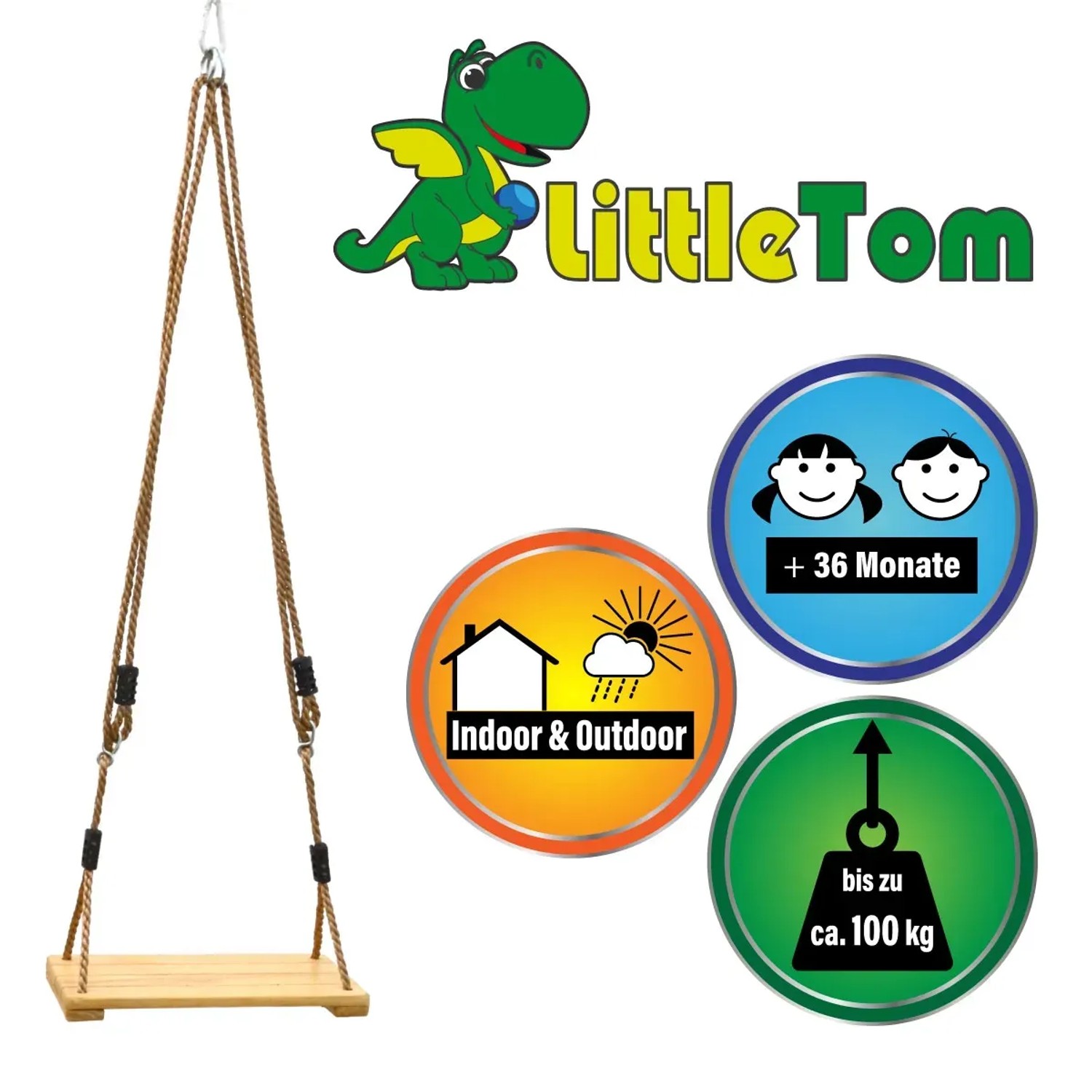 LittleTom Brettschaukel aus Holz, naturfarben, mit Seilen. Kinderschaukel für drinnen und draußen.