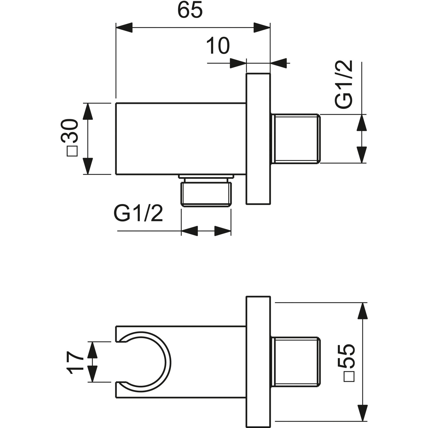 Technische Zeichnung: Ideal Standard Brausehalter Idealrain Atelier, eckig, Brushed Gold, mit Maßangaben.