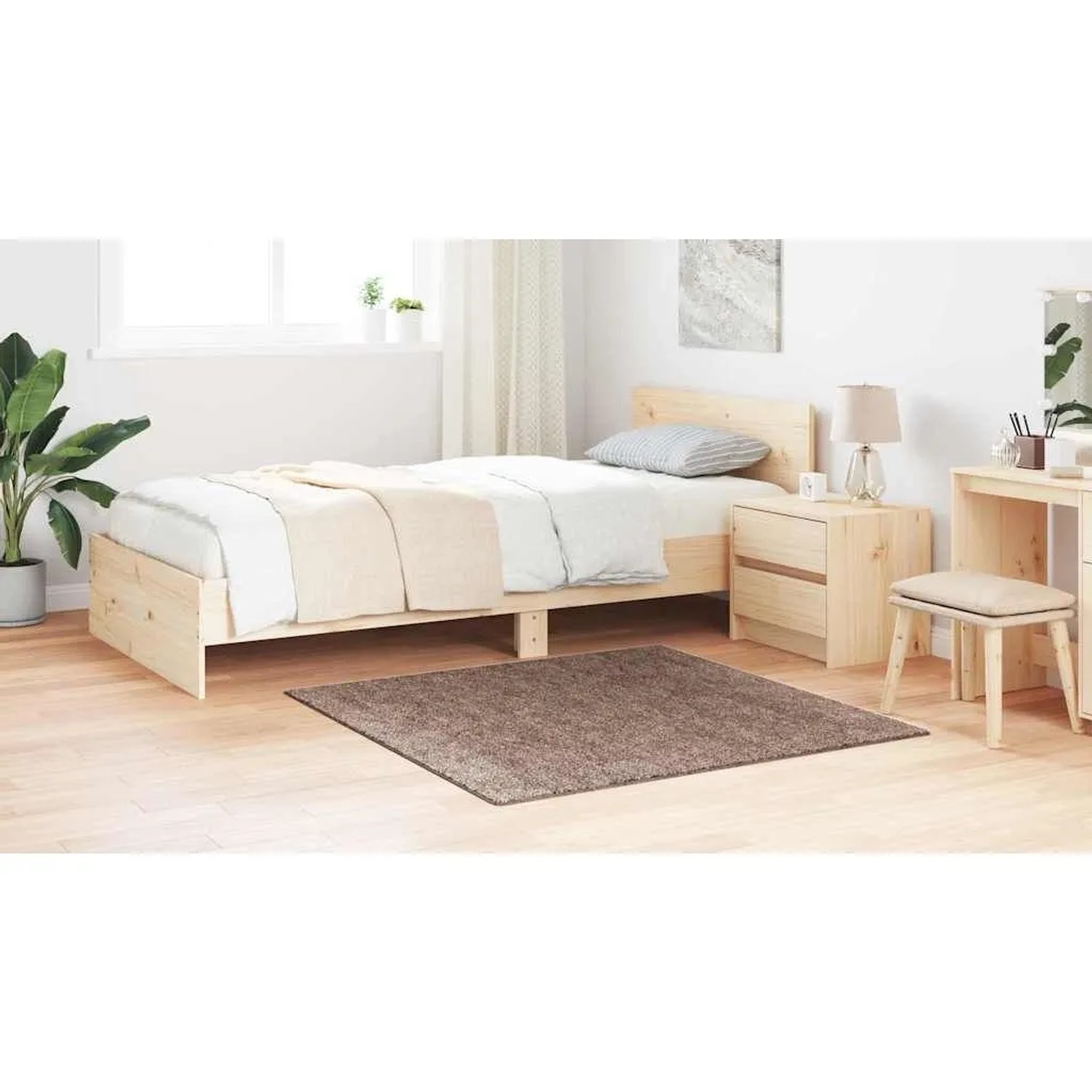 Brauner vidaXL Anti-Rutsch Shaggy Teppich (120x120 cm) aus PP, quadratisch, auf Holzfußboden im Schlafzimmer.