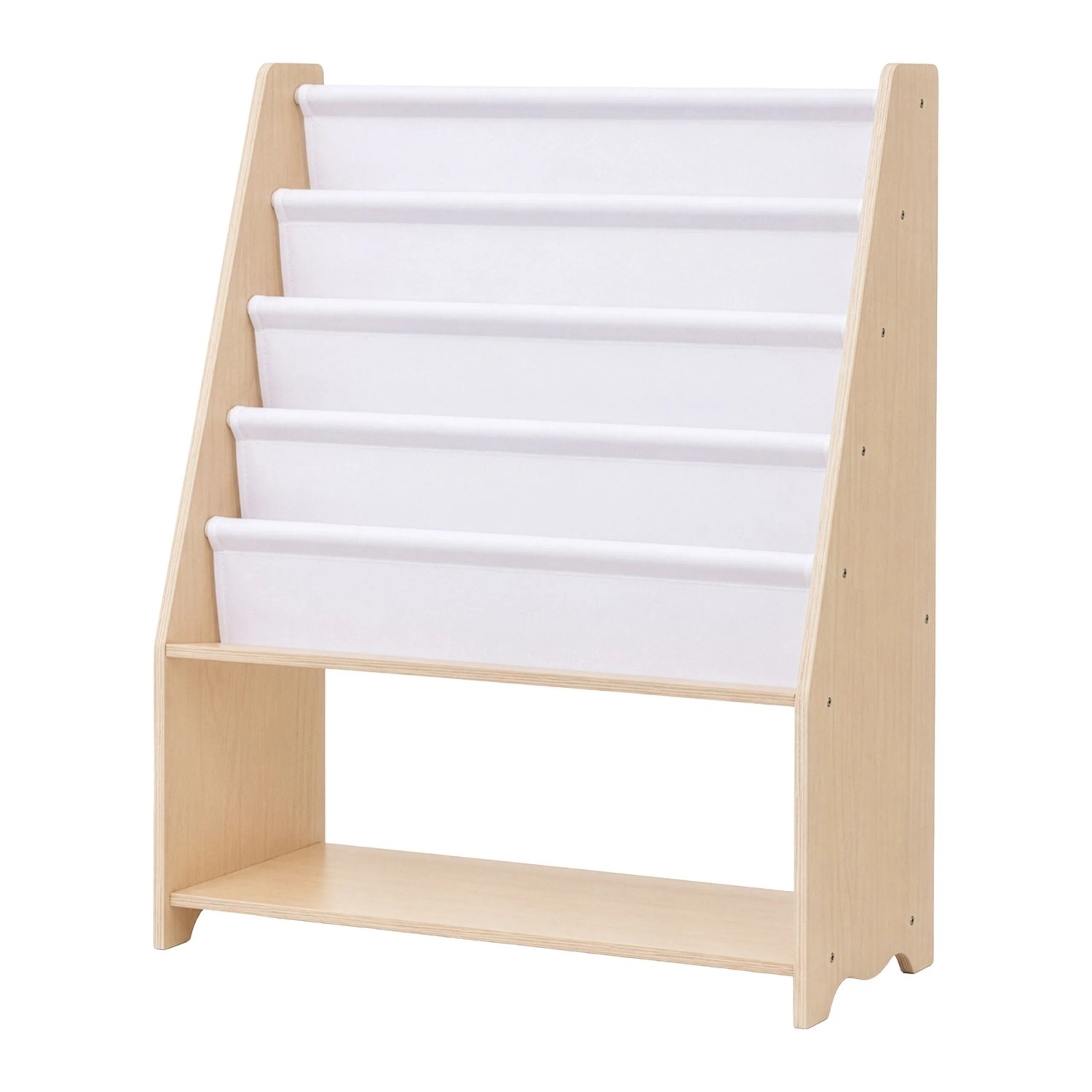 Relaxdays Kinderbücherregal Holz Polyester Natur Weiß Montessori-inspiriert mit 4 Stofftaschen mit Bodenablage 78 cm x 64 cm x 28 cm
