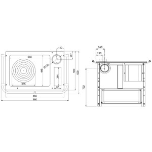 Technische Zeichnung Westminster Küchenofen K85 F/R Naturstein mit Maßangaben für Installation.