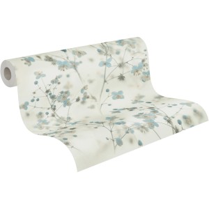 A.S. Création Vliestapete mit blau-weißen Blumen im Cottage Core Stil.