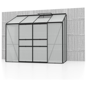 Schwarzes Vitavia Anlehn-Gewächshaus Ida 3300 mit Doppelschiebetür und Dachfenster.