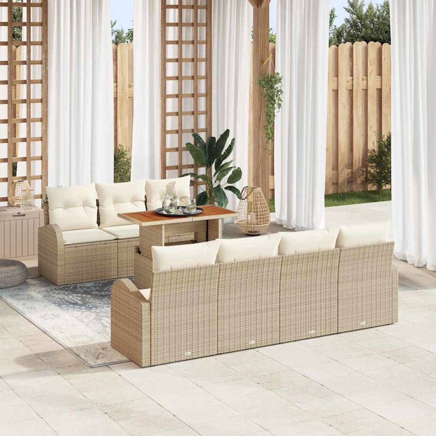 Beiges 8-tlg. vidaXL Garten-Sofa-Set aus Poly Rattan mit Tisch und Stauraum.