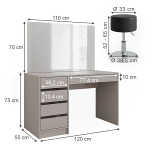 Vicco Schminktisch Sherry Cashmere 120 cm mit LED-Spiegel und Hocker, Maße