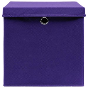 Vier lila Aufbewahrungsboxen mit Deckel, 28x28x28 cm, aus Vliesstoff.