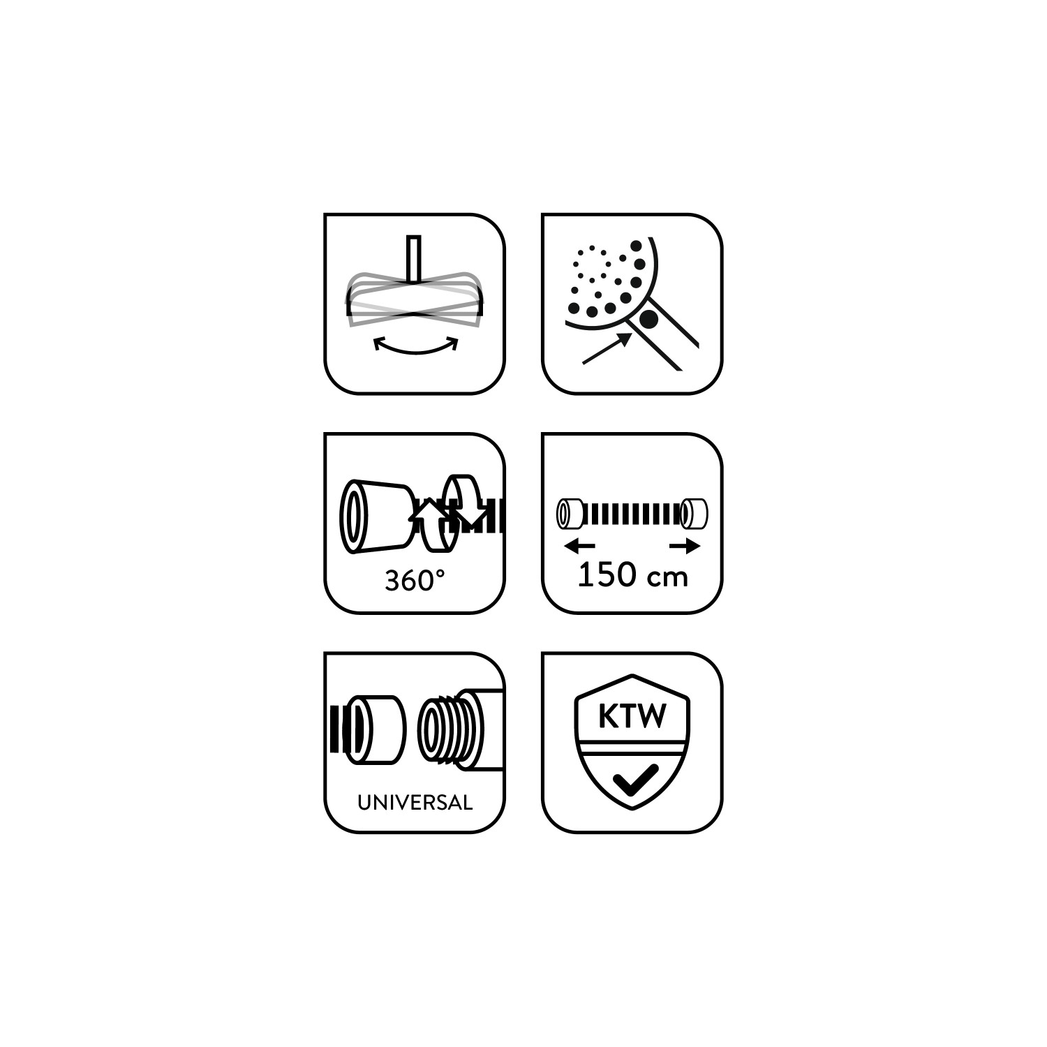 Piktogramme des baliv Überkopfbrause-Sets KBS-14.120: Drehbar, Antikalk, 360° Schutz, 150cm Schlauch, Universal, KTW.