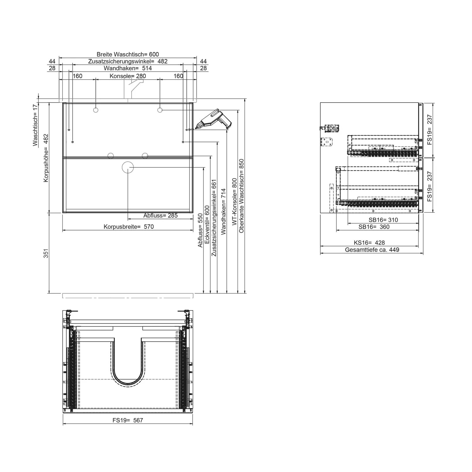 Technische Zeichnung Steinkamp Unterschrank Living 2.0 mit GROHE Essence Waschtisch 60 cm, Maße und Details.