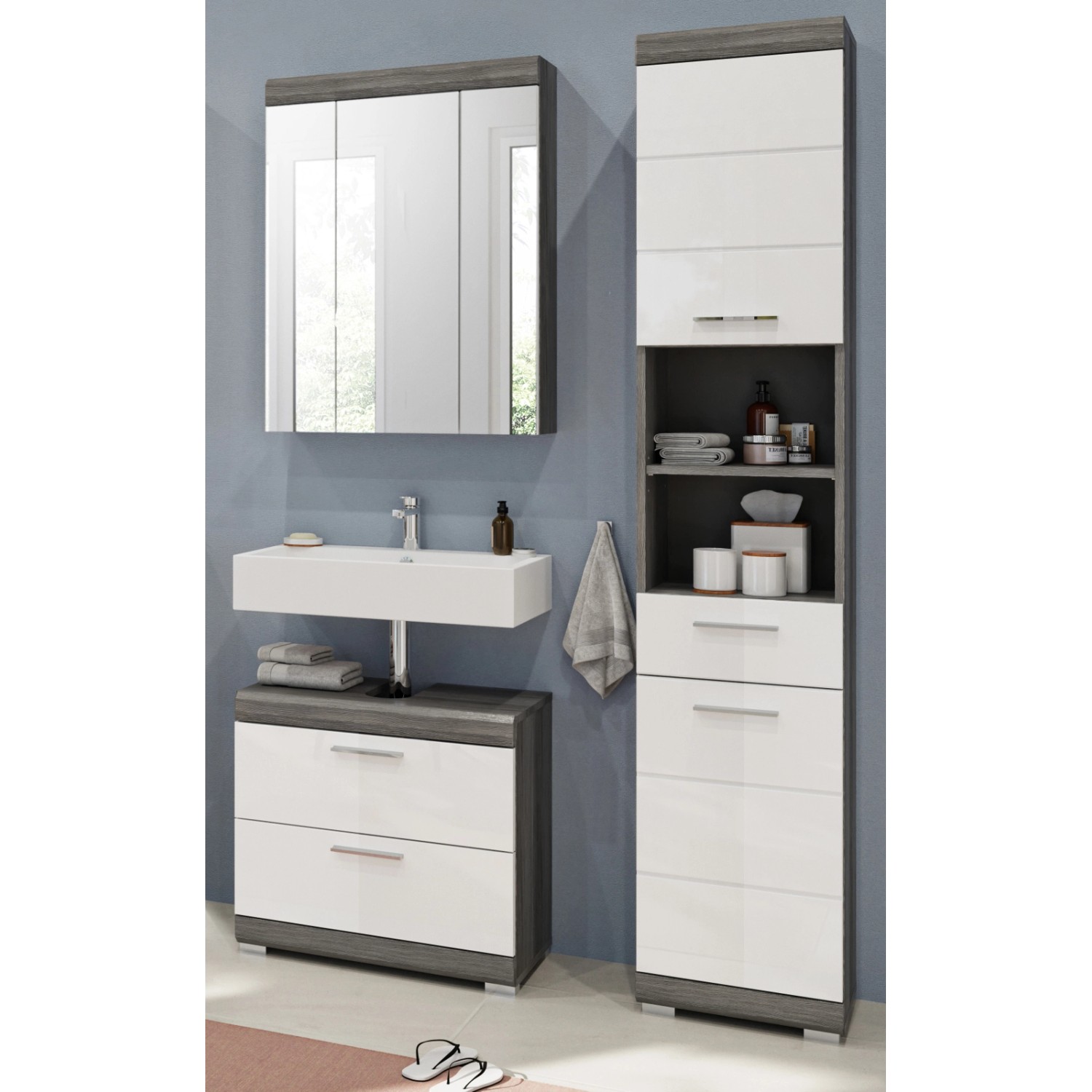 Inn.Furn Badmöbel-Set Weiß Hochglanz Grau 3-teilig 112 cm 15 Fächer Shawn günstig online kaufen