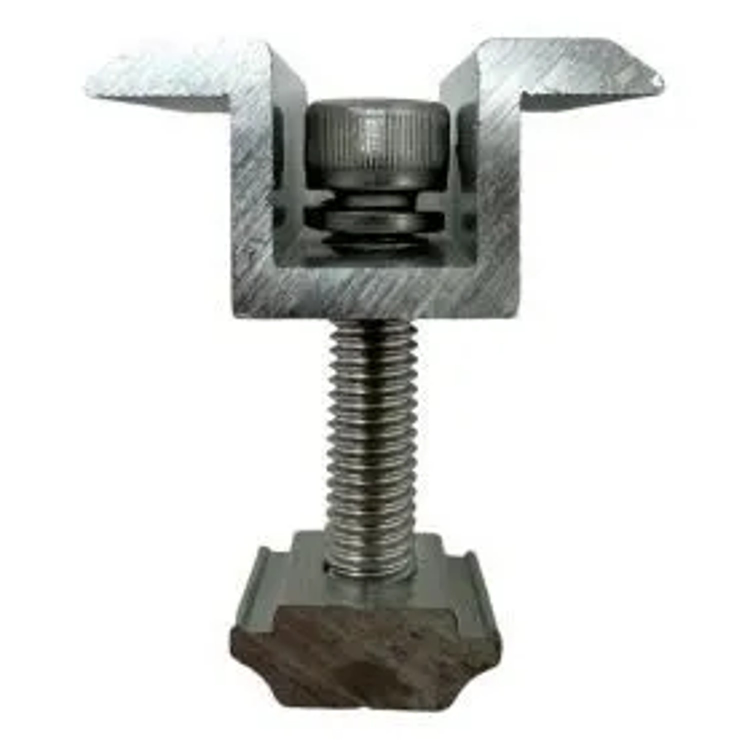 Silberne Aluminium Mittelklemme für Solarpanele mit Schraube und T-Nut. Sichere Dachbefestigung für Solaranlagen.