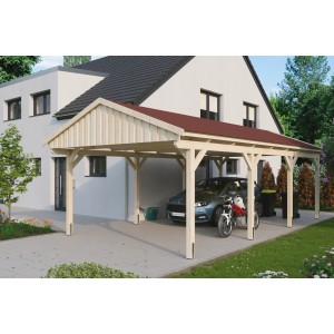Skan Holz Carport Fichtelberg mit roten Schindeln, naturbelassen, mit Auto und Motorrad im Carport.