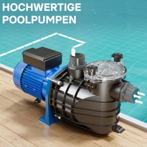 Wiltec Pool Pumpe 34800 L/H, blau-schwarz, auf Holz. Filterpumpe mit transparentem Deckel für klares Poolwasser.