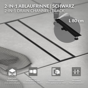 Schwarze LuxeBath Duschrinne, 80 cm, 2in1 befliesbar, aus Edelstahl. Duschzubehör für barrierefreies Bad.