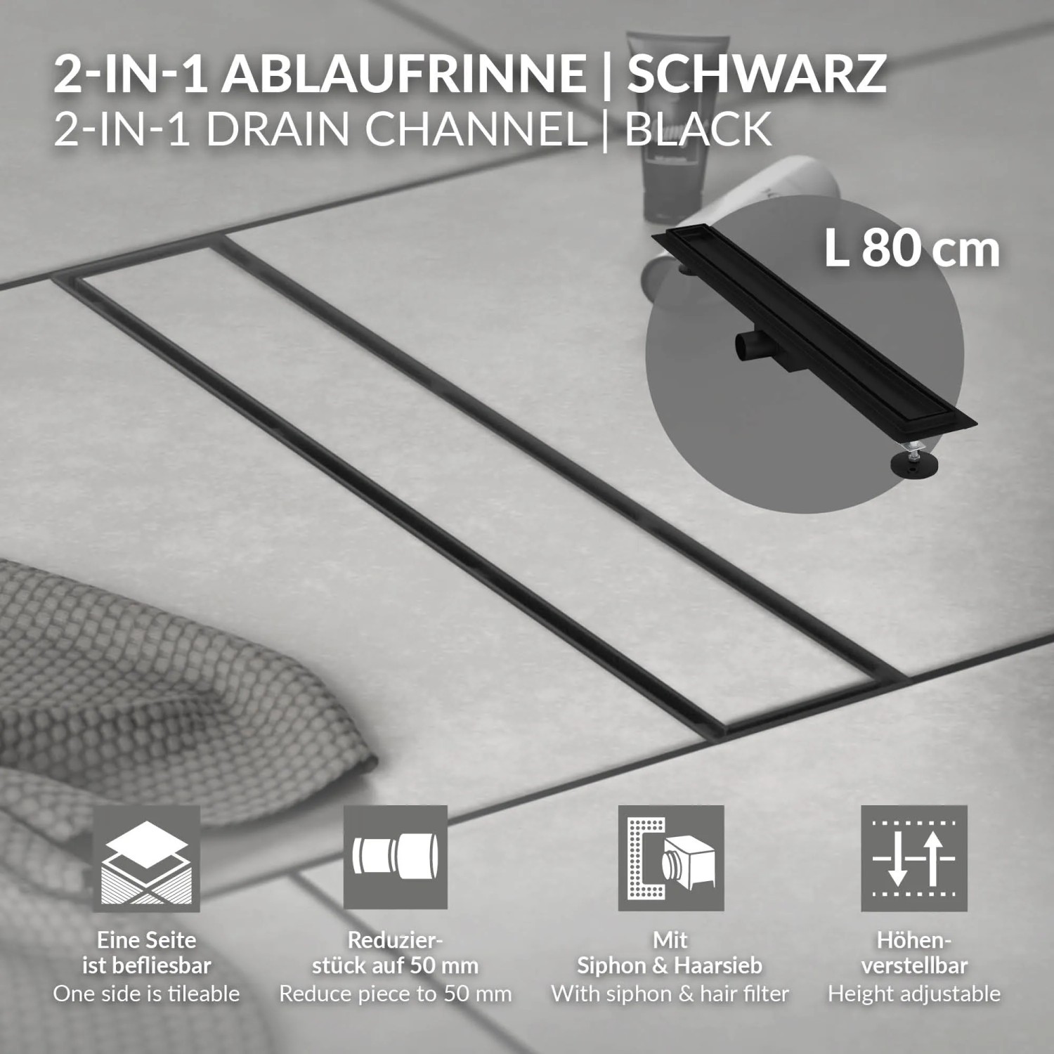 Schwarze LuxeBath Duschrinne, 80 cm, 2in1 befliesbar, aus Edelstahl. Duschzubehör für barrierefreies Bad.