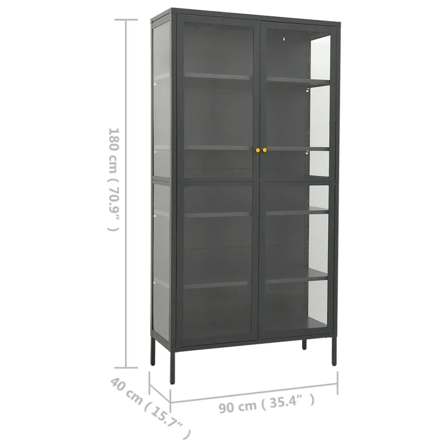 Anthrazitfarbene vidaXL Vitrine aus Stahl und Glas, 90x40x180 cm, mit vier verstellbaren Einlegeböden.