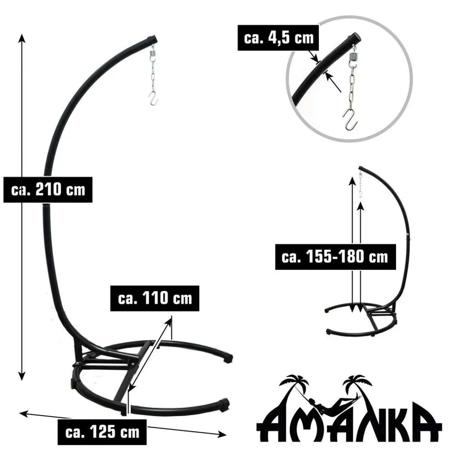 AMANKA XL Hängesessel Gestell, schwarz, mit Maßen 210 cm Höhe, 110x125 cm Standfläche und höhenverstellbarer Aufhängung.