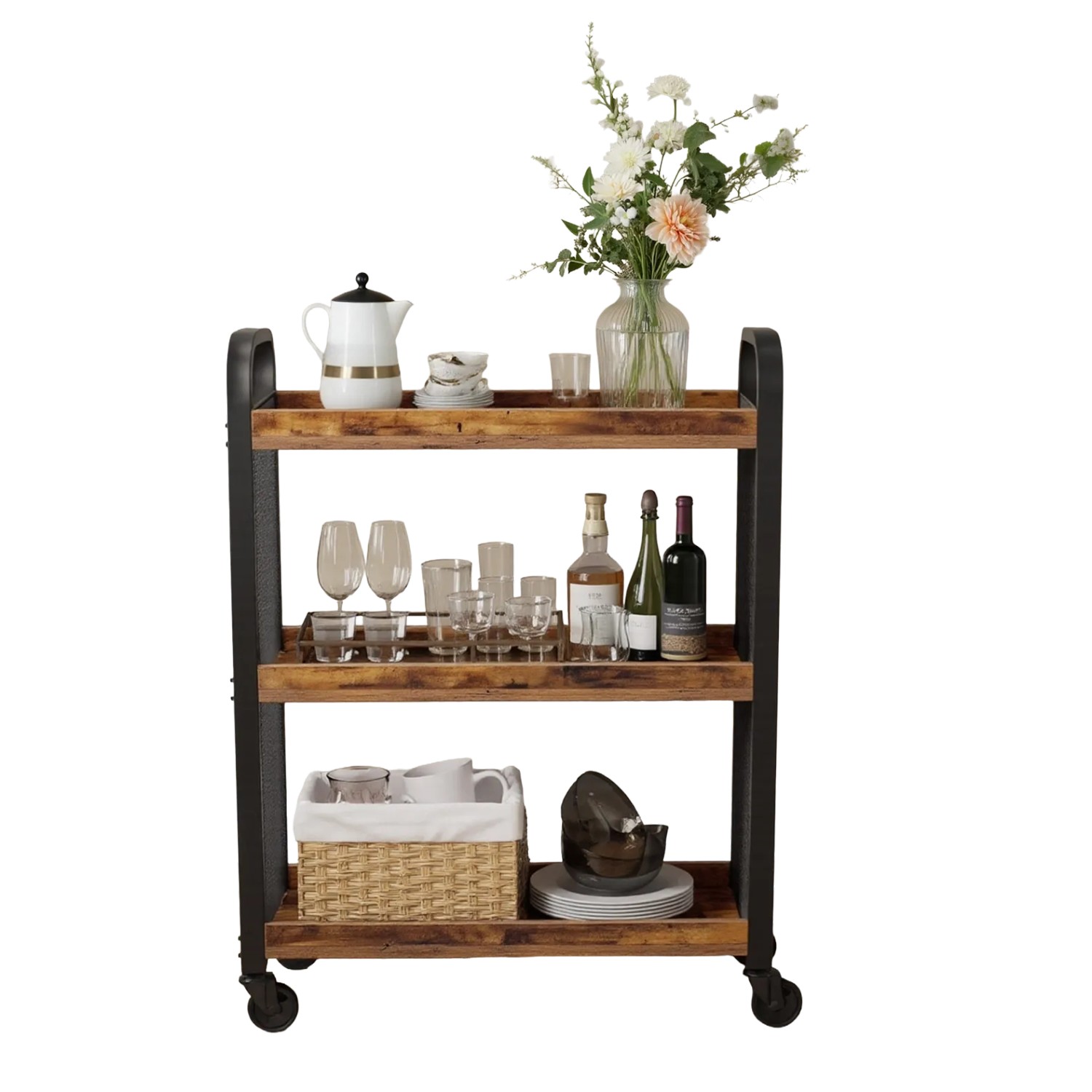 Songmics Servierwagen Derry mit Rollen 3 Ablagen Braun-Schwarz günstig online kaufen