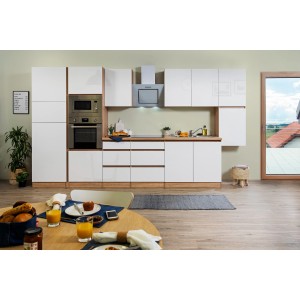 Respekta Premium Küchenzeile 385 cm in Weiß Hochglanz und Eiche Sägerau mit E-Geräten.