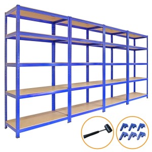 4 blaue Monstershop T-Rax Lagerregale (90cm) mit Gummihammer und Regalverbinder.