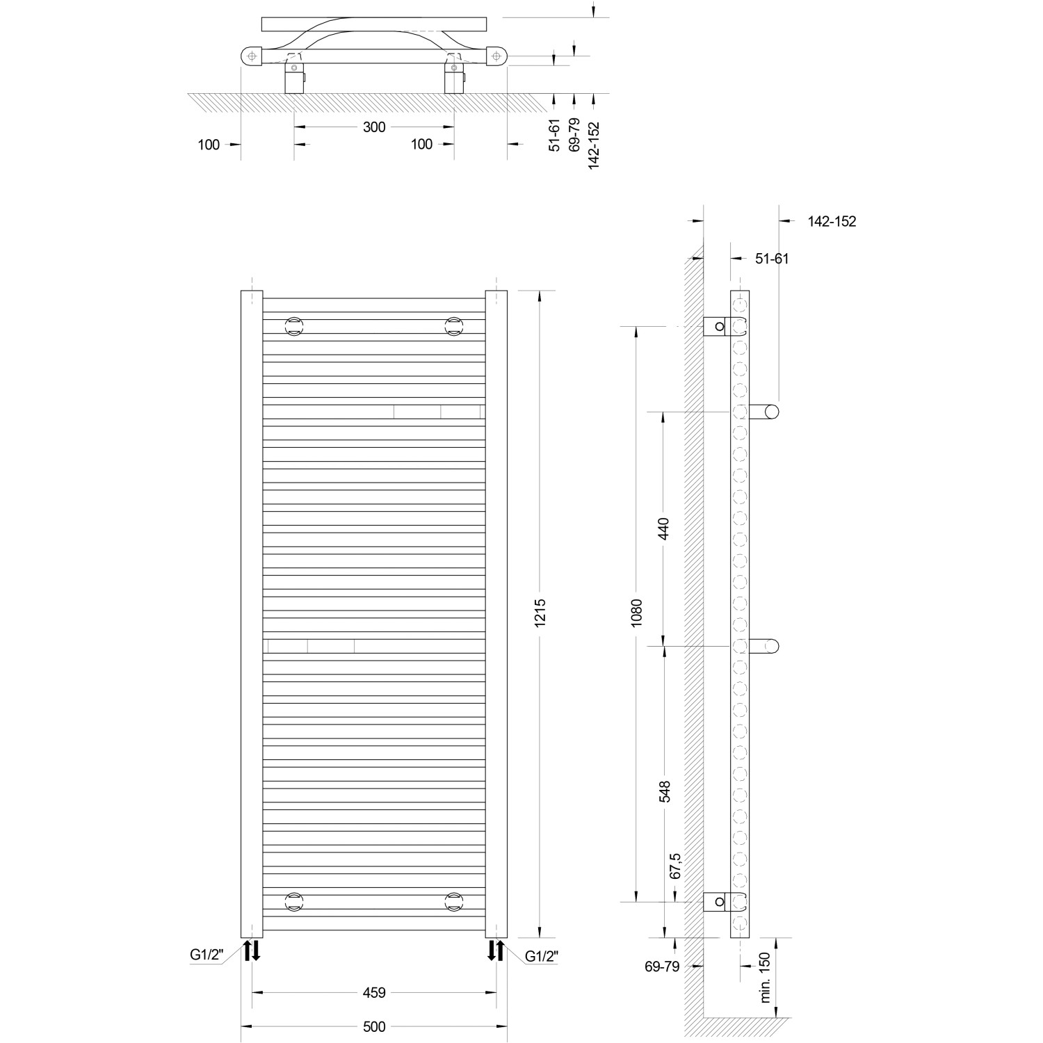 Technische Zeichnung Schulte Design-Heizkörper Miami, Maße 121,5x50cm, Anschluss unten.