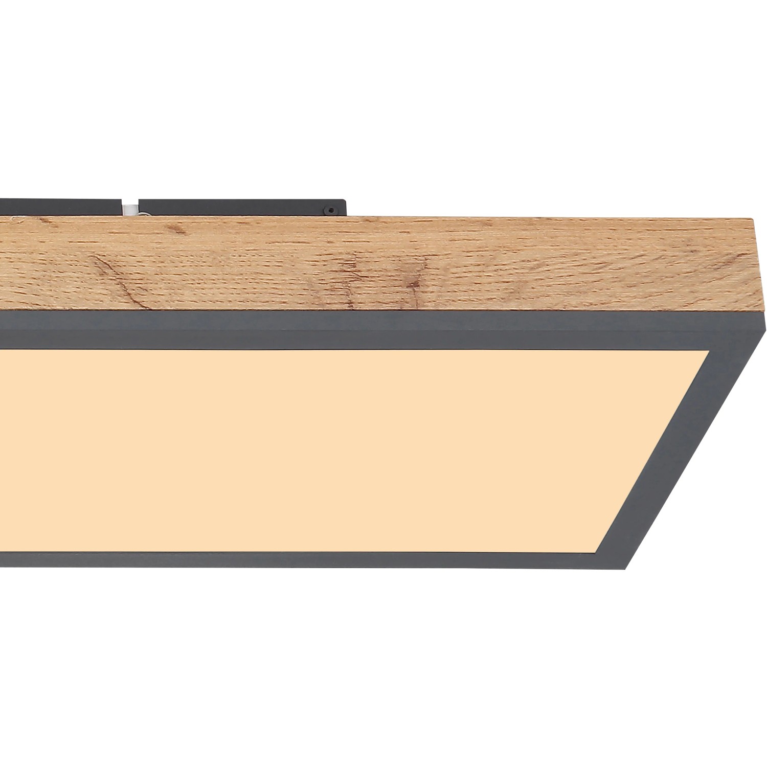 Rechteckige LED Deckenleuchte Doro (80 cm) mit Rahmen in Eichenoptik und warmweißem Licht.