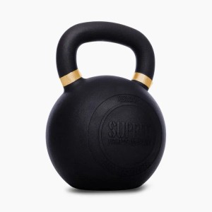 Schwarze Suprfit Elite Gusseisen Kettlebell 48 kg mit goldenen Markierungen am Griff für effektives Krafttraining.