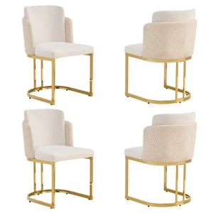 Beiger Chenille Esszimmerstuhl mit goldfarbenem Metallgestell. Doppelte Rückenlehne, 3D-Struktur. Modernes Design.