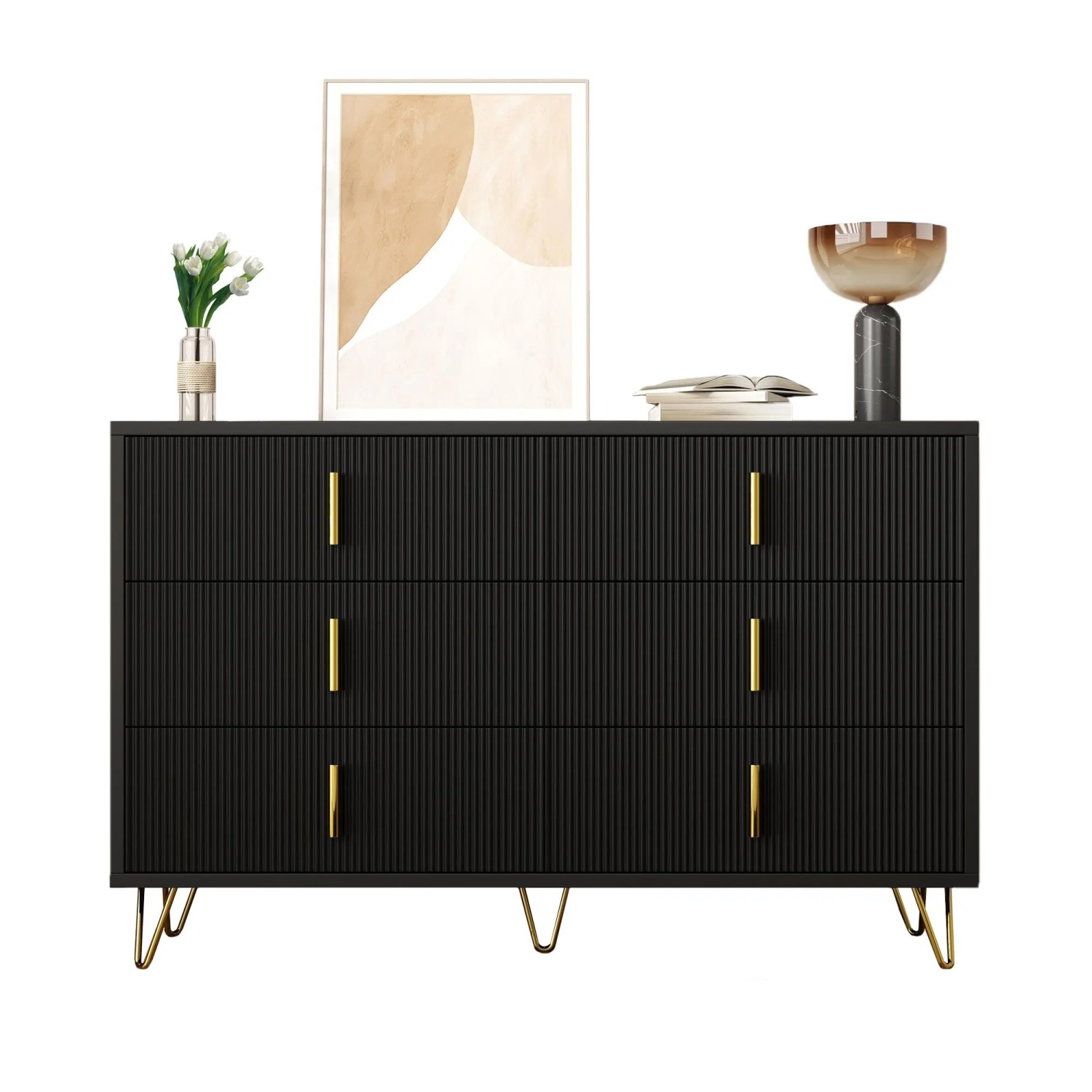 okwish Sideboard mit Goldgriffen Stauraum Wohnzimmer 120x40x77cm Schwarz