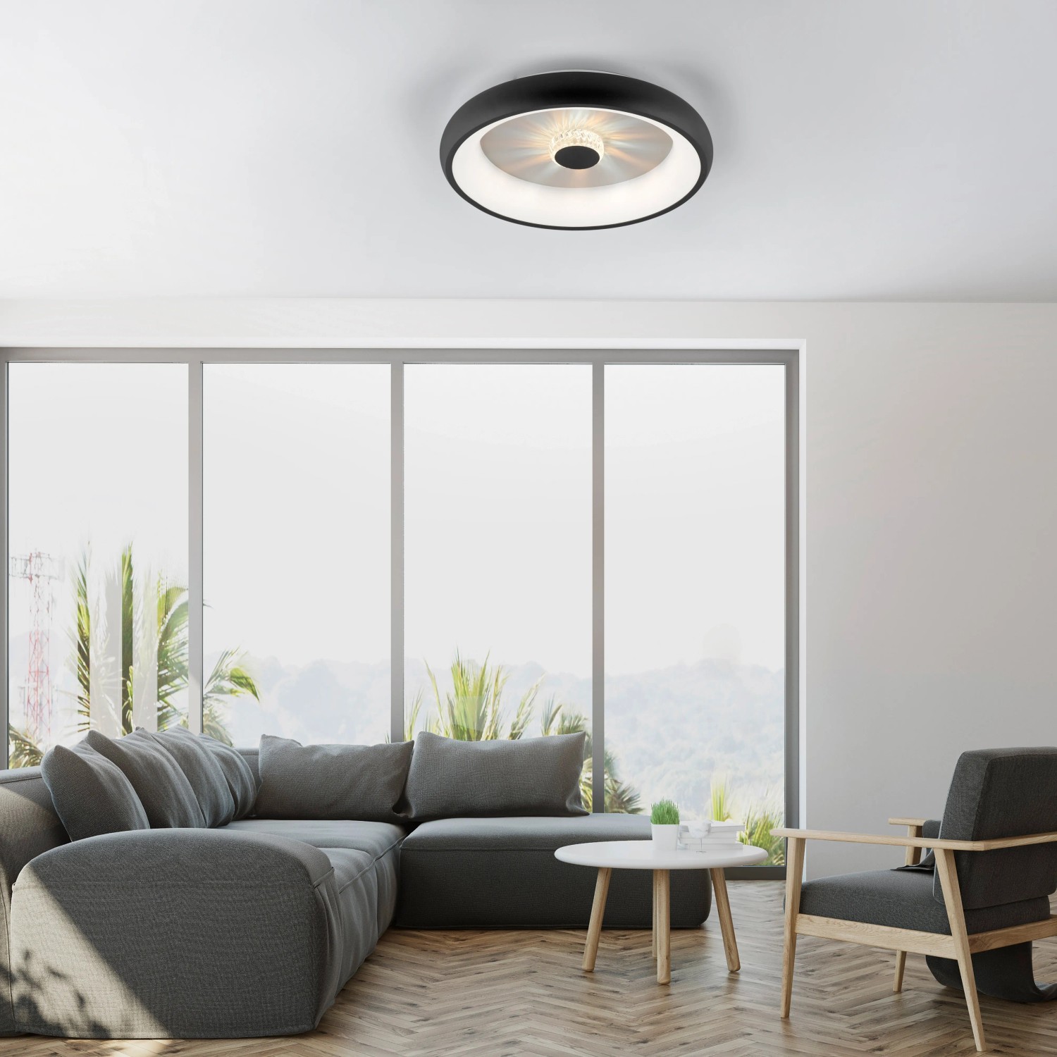 Moderne LED-Deckenleuchte Vertigo in Schwarz, Ø 46,5 cm, mit Kristalleffekt für Wohnraumbeleuchtung.