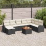 Schwarzes 9-teiliges vidaXL Garten-Sofa-Set aus Poly Rattan mit hellen Kissen und Tisch.