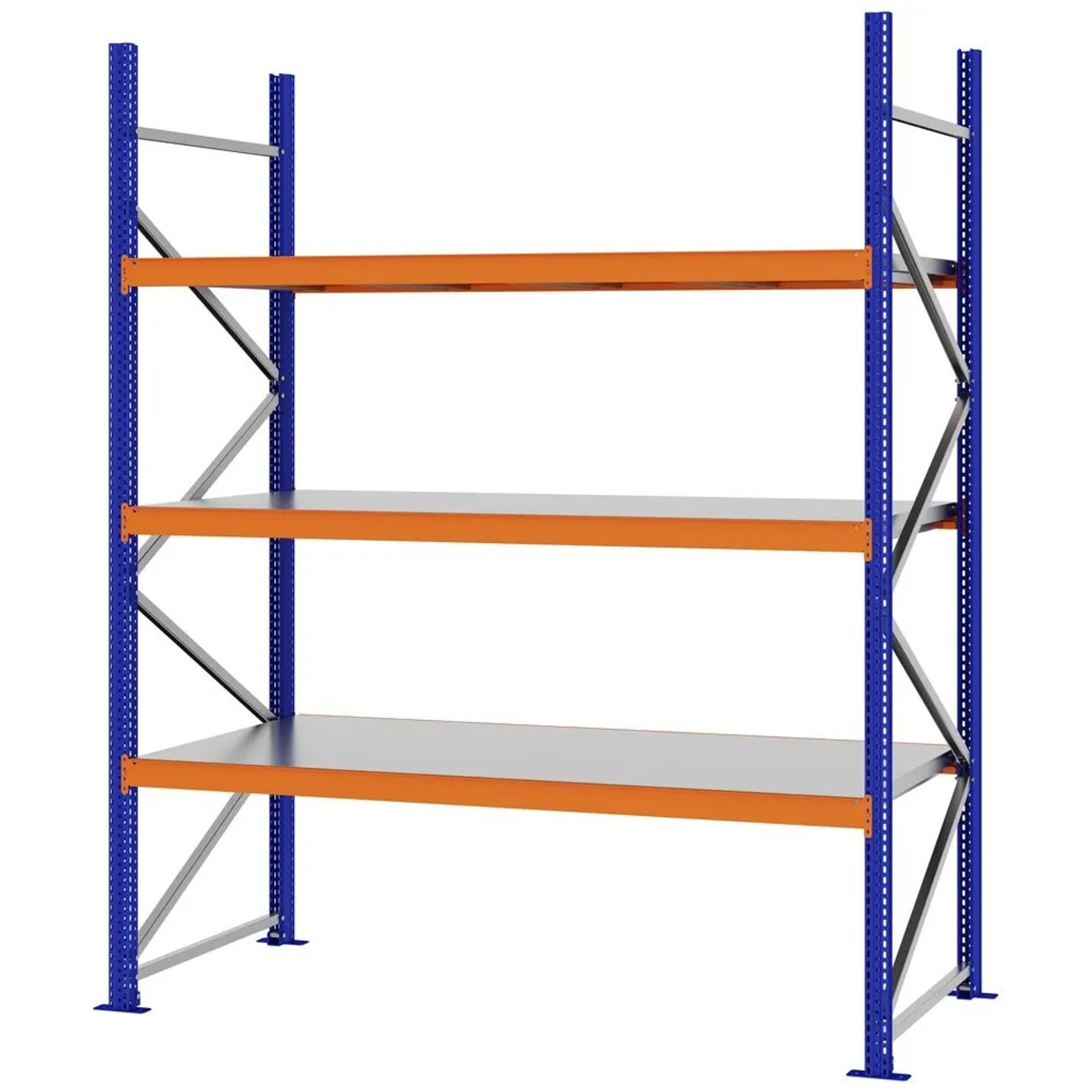 PROREGAL Weitspannregal Schraub-Stecksystem MAGNUS PRO Made In Germany Grundregal 250x200x80cm 3 Ebenen Stahlböden Fachlast 600kg Blau/Orange