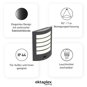 Oktaplex Alto Außenlampe Anthrazit mit Bewegungsmelder und E27 Fassung. Wandleuchte für den Außenbereich.