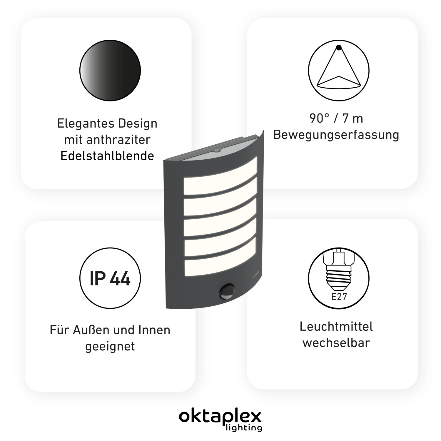 Oktaplex Alto Außenlampe Anthrazit mit Bewegungsmelder und E27 Fassung. Wandleuchte für den Außenbereich.